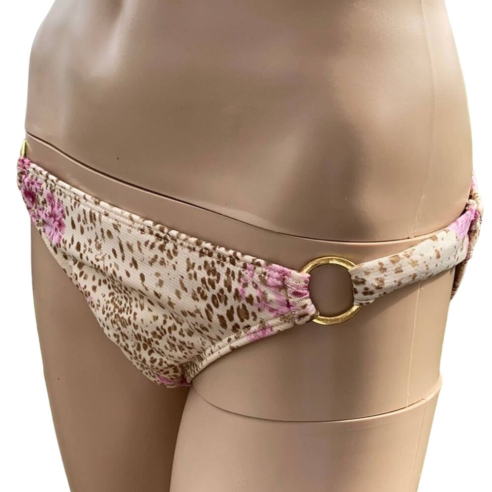 Nicolita Bikini Bottom L Tan Pink Floral Leopard Mesh Lined Swim Bottom NWT